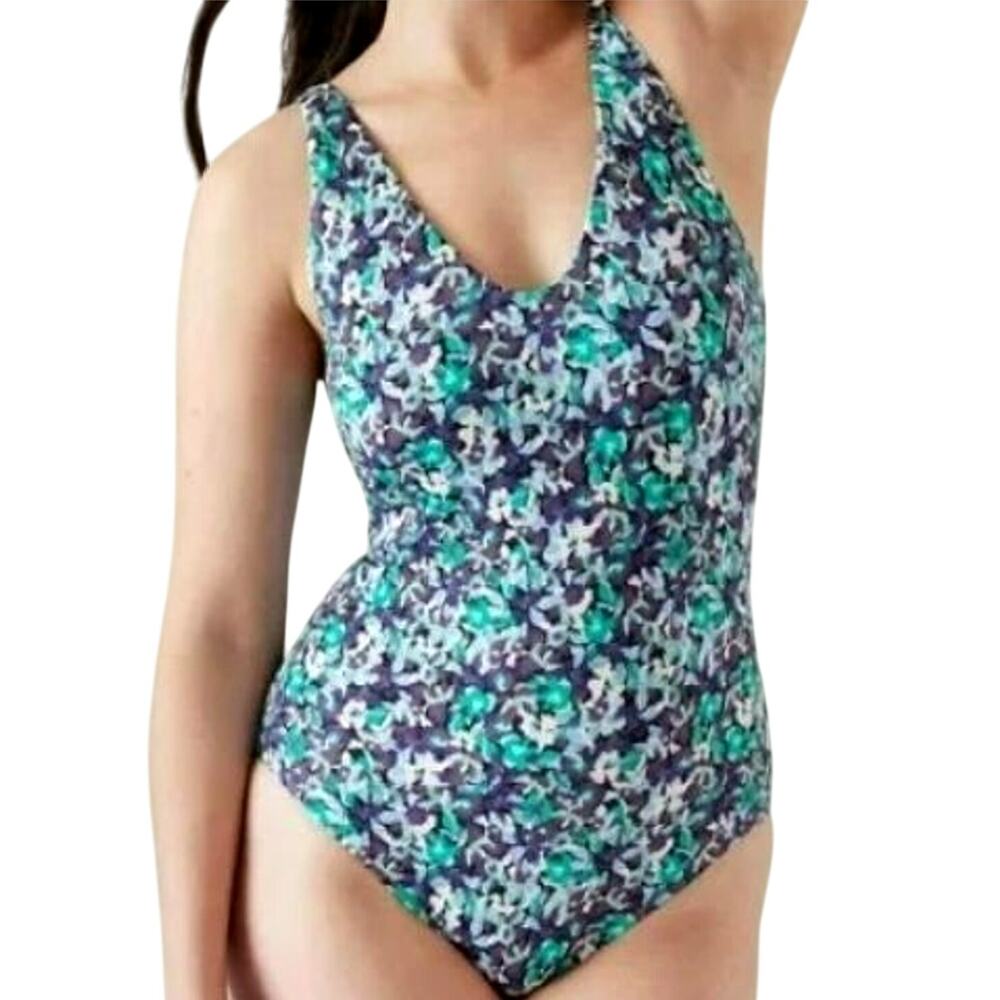 ATHLETA Women's Medium Seychelles‎ Elysian Floral Blue Green One Piece Swimsuit